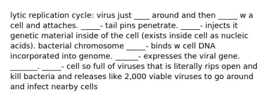 lytic replication cycle: virus just ____ around and then _____ w a cell and attaches. _____- tail pins penetrate. _____- injects it genetic material inside of the cell (exists inside cell as nucleic acids). bacterial chromosome _____- binds w cell DNA incorporated into genome. ______- expresses the viral gene. _______. _____- cell so full of viruses that is literally rips open and kill bacteria and releases like 2,000 viable viruses to go around and infect nearby cells