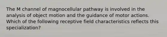 The M channel of magnocellular pathway is involved in the analysis of object motion and the guidance of motor actions. Which of the following receptive field characteristics reflects this specialization?