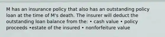 M has an insurance policy that also has an outstanding policy loan at the time of M's death. The insurer will deduct the outstanding loan balance from the: • cash value • policy proceeds •estate of the insured • nonforfeiture value