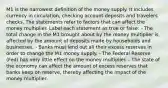 M1 is the narrowest definition of the money supply. It includes currency in circulation, checking account deposits and travelers checks. The statements refer to factors that can affect the money multiplier. Label each statement as true or false: - The total change in the M1 brought about by the money multiplier is affected by the amount of deposits made by households and businesses. - Banks must lend out all their excess reserves in order to change the M1 money supply. - The Federal Reserve (Fed) has very little effect on the money multiplier. - The state of the economy can affect the amount of excess reserves that banks keep on reserve, thereby affecting the impact of the money multiplier.