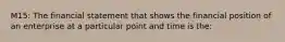 M15: The financial statement that shows the financial position of an enterprise at a particular point and time is the: