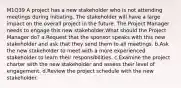 M1Q39 A project has a new stakeholder who is not attending meetings during initiating. The stakeholder will have a large impact on the overall project in the future. The Project Manager needs to engage this new stakeholder.What should the Project Manager do? a.Request that the sponsor speaks with this new stakeholder and ask that they send them to all meetings. b.Ask the new stakeholder to meet with a more experienced stakeholder to learn their responsibilities. c.Examine the project charter with the new stakeholder and assess their level of engagement. d.Review the project schedule with the new stakeholder.