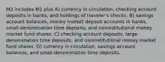 M2 includes M1 plus A) currency in circulation, checking account deposits in banks, and holdings of traveler's checks. B) savings account balances, money market deposit accounts in banks, small-denomination time deposits, and noninstitutional money market fund shares. C) checking account deposits, large-denomination time deposits, and noninstitutional money market fund shares. D) currency in circulation, savings account balances, and small-denomination time deposits.