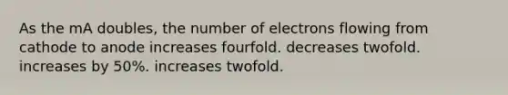 As the mA doubles, the number of electrons flowing from cathode to anode increases fourfold. decreases twofold. increases by 50%. increases twofold.