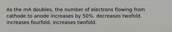 As the mA doubles, the number of electrons flowing from cathode to anode increases by 50%. decreases twofold. increases fourfold. increases twofold.