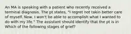 An MA is speaking with a patient who recently received a terminal diagnosis. The pt states, "I regret not takin better care of myself. Now, I won't be able to accomplish what I wanted to do with my life." The assistant should identify that the pt is in Which of the following stages of grief?