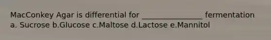 MacConkey Agar is differential for ________________ fermentation a. Sucrose b.Glucose c.Maltose d.Lactose e.Mannitol