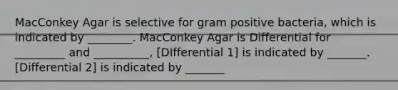 MacConkey Agar is selective for gram positive bacteria, which is indicated by ________. MacConkey Agar is Differential for _________ and __________, [DIfferential 1] is indicated by _______. [Differential 2] is indicated by _______