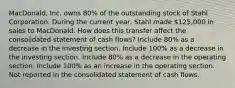 MacDonald, Inc. owns 80% of the outstanding stock of Stahl Corporation. During the current year, Stahl made 125,000 in sales to MacDonald. How does this transfer affect the consolidated statement of cash flows? Include 80% as a decrease in the investing section. Include 100% as a decrease in the investing section. Include 80% as a decrease in the operating section. Include 100% as an increase in the operating section. Not reported in the consolidated statement of cash flows.