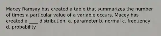 Macey Ramsay has created a table that summarizes the number of times a particular value of a variable occurs. Macey has created a ____ distribution. a. parameter b. normal c. frequency d. probability