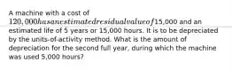 A machine with a cost of 120,000 has an estimated residual value of15,000 and an estimated life of 5 years or 15,000 hours. It is to be depreciated by the units-of-activity method. What is the amount of depreciation for the second full year, during which the machine was used 5,000 hours?