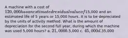 A machine with a cost of 120,000 has an estimated residual value of15,000 and an estimated life of 5 years or 15,000 hours. It is to be depreciated by the units of activity method. What is the amount of depreciation for the second full year, during which the machine was used 5,000 hours? a. 21,000 b.5,000 c. 45,000 d.35,000