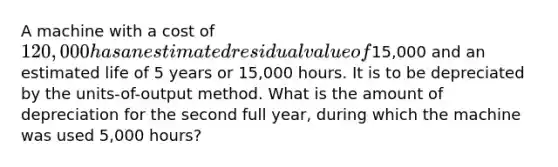 A machine with a cost of 120,000 has an estimated residual value of15,000 and an estimated life of 5 years or 15,000 hours. It is to be depreciated by the units-of-output method. What is the amount of depreciation for the second full year, during which the machine was used 5,000 hours?