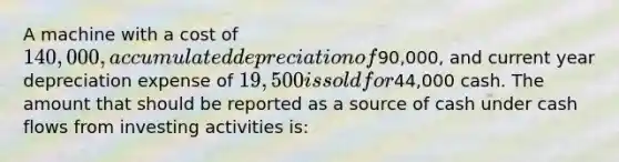 A machine with a cost of 140,000, accumulated depreciation of90,000, and current year depreciation expense of 19,500 is sold for44,000 cash. The amount that should be reported as a source of cash under cash flows from investing activities is: