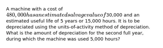 A machine with a cost of 480,000 has an estimated salvage value of30,000 and an estimated useful life of 5 years or 15,000 hours. It is to be depreciated using the units-of-activity method of depreciation. What is the amount of depreciation for the second full year, during which the machine was used 5,000 hours?