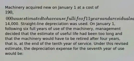 Machinery acquired new on January 1 at a cost of 190,000 was estimated to have a useful life of 11 years and a residual salvage value of14,000. Straight-line depreciation was used. On January 1, following six full years of use of the machinery, management decided that the estimate of useful life had been too long and that the machinery would have to be retired after four years, that is, at the end of the tenth year of service. Under this revised estimate, the depreciation expense for the seventh year of use would be: