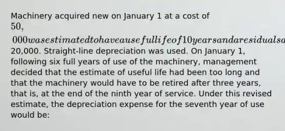 Machinery acquired new on January 1 at a cost of 50,000 was estimated to have a useful life of 10 years and a residual salvage value of20,000. Straight-line depreciation was used. On January 1, following six full years of use of the machinery, management decided that the estimate of useful life had been too long and that the machinery would have to be retired after three years, that is, at the end of the ninth year of service. Under this revised estimate, the depreciation expense for the seventh year of use would be: