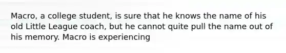 Macro, a college student, is sure that he knows the name of his old Little League coach, but he cannot quite pull the name out of his memory. Macro is experiencing