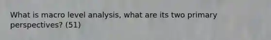 What is macro level analysis, what are its two primary perspectives? (51)