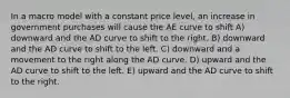 In a macro model with a constant price level, an increase in government purchases will cause the AE curve to shift A) downward and the AD curve to shift to the right. B) downward and the AD curve to shift to the left. C) downward and a movement to the right along the AD curve. D) upward and the AD curve to shift to the left. E) upward and the AD curve to shift to the right.