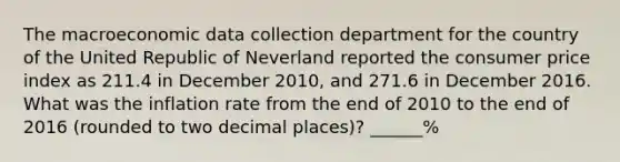 The macroeconomic data collection department for the country of the United Republic of Neverland reported the consumer price index as 211.4 in December 2010, and 271.6 in December 2016. What was the inflation rate from the end of 2010 to the end of 2016 (rounded to two decimal places)? ______%