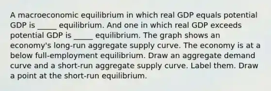 A macroeconomic equilibrium in which real GDP equals potential GDP is​ _____ equilibrium. And one in which real GDP exceeds potential GDP is​ _____ equilibrium. The graph shows an​ economy's long-run aggregate supply curve. The economy is at a below full​-employment equilibrium. Draw an aggregate demand curve and a​ short-run aggregate supply curve. Label them. Draw a point at the​ short-run equilibrium.