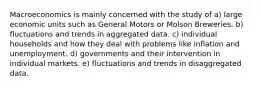 Macroeconomics is mainly concerned with the study of a) large economic units such as General Motors or Molson Breweries. b) fluctuations and trends in aggregated data. c) individual households and how they deal with problems like inflation and unemployment. d) governments and their intervention in individual markets. e) fluctuations and trends in disaggregated data.