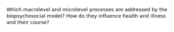 Which macrolevel and microlevel processes are addressed by the biopsychosocial model? How do they influence health and illness and their course?