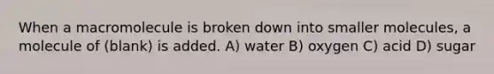 When a macromolecule is broken down into smaller molecules, a molecule of (blank) is added. A) water B) oxygen C) acid D) sugar