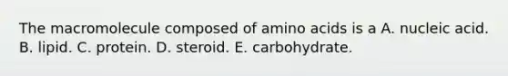 The macromolecule composed of <a href='https://www.questionai.com/knowledge/k9gb720LCl-amino-acids' class='anchor-knowledge'>amino acids</a> is a A. nucleic acid. B. lipid. C. protein. D. steroid. E. carbohydrate.