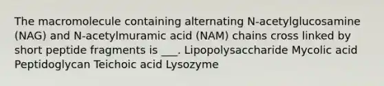 The macromolecule containing alternating N-acetylglucosamine (NAG) and N-acetylmuramic acid (NAM) chains cross linked by short peptide fragments is ___. Lipopolysaccharide Mycolic acid Peptidoglycan Teichoic acid Lysozyme