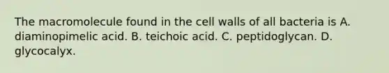 The macromolecule found in the cell walls of all bacteria is A. diaminopimelic acid. B. teichoic acid. C. peptidoglycan. D. glycocalyx.