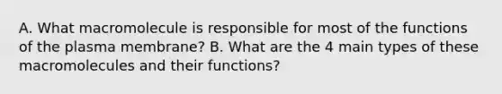 A. What macromolecule is responsible for most of the functions of the plasma membrane? B. What are the 4 main types of these macromolecules and their functions?