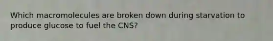 Which macromolecules are broken down during starvation to produce glucose to fuel the CNS?