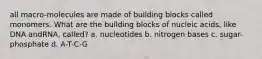 all macro-molecules are made of building blocks called monomers. What are the building blocks of nucleic acids, like DNA andRNA, called? a. nucleotides b. nitrogen bases c. sugar-phosphate d. A-T-C-G