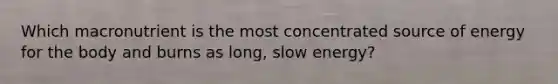 Which macronutrient is the most concentrated source of energy for the body and burns as long, slow energy?