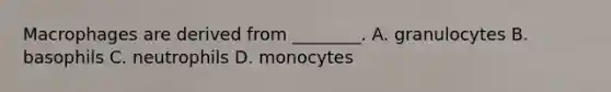 Macrophages are derived from ________. A. granulocytes B. basophils C. neutrophils D. monocytes