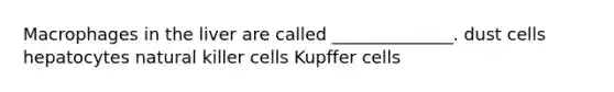 Macrophages in the liver are called ______________. dust cells hepatocytes natural killer cells Kupffer cells