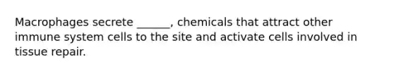 Macrophages secrete ______, chemicals that attract other immune system cells to the site and activate cells involved in tissue repair.