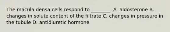 The macula densa cells respond to ________. A. aldosterone B. changes in solute content of the filtrate C. changes in pressure in the tubule D. antidiuretic hormone