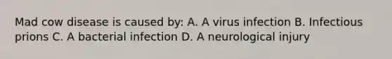 Mad cow disease is caused by: A. A virus infection B. Infectious prions C. A bacterial infection D. A neurological injury