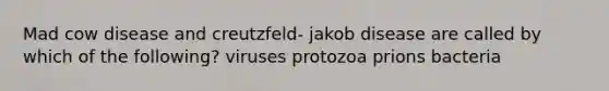 Mad cow disease and creutzfeld- jakob disease are called by which of the following? viruses protozoa prions bacteria