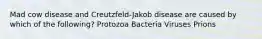 Mad cow disease and Creutzfeld-Jakob disease are caused by which of the following? Protozoa Bacteria Viruses Prions