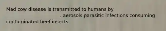 Mad cow disease is transmitted to humans by _______________________. aerosols parasitic infections consuming contaminated beef insects