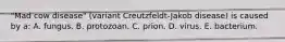 "Mad cow disease" (variant Creutzfeldt-Jakob disease) is caused by a: A. fungus. B. protozoan. C. prion. D. virus. E. bacterium.