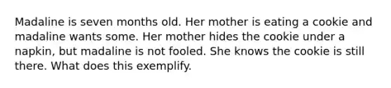 Madaline is seven months old. Her mother is eating a cookie and madaline wants some. Her mother hides the cookie under a napkin, but madaline is not fooled. She knows the cookie is still there. What does this exemplify.