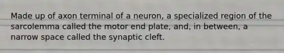 Made up of axon terminal of a neuron, a specialized region of the sarcolemma called the motor end plate, and, in between, a narrow space called the synaptic cleft.