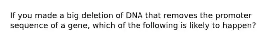 If you made a big deletion of DNA that removes the promoter sequence of a gene, which of the following is likely to happen?