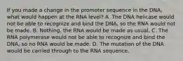 If you made a change in the promoter sequence in the DNA, what would happen at the RNA level? A. The DNA helicase would not be able to recognize and bind the DNA, so the RNA would not be made. B. Nothing, the RNA would be made as usual. C. The RNA polymerase would not be able to recognize and bind the DNA, so no RNA would be made. D. The mutation of the DNA would be carried through to the RNA sequence.