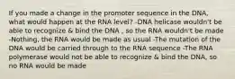 If you made a change in the promoter sequence in the DNA, what would happen at the RNA level? -DNA helicase wouldn't be able to recognize & bind the DNA , so the RNA wouldn't be made -Nothing, the RNA would be made as usual -The mutation of the DNA would be carried through to the RNA sequence -The RNA polymerase would not be able to recognize & bind the DNA, so no RNA would be made